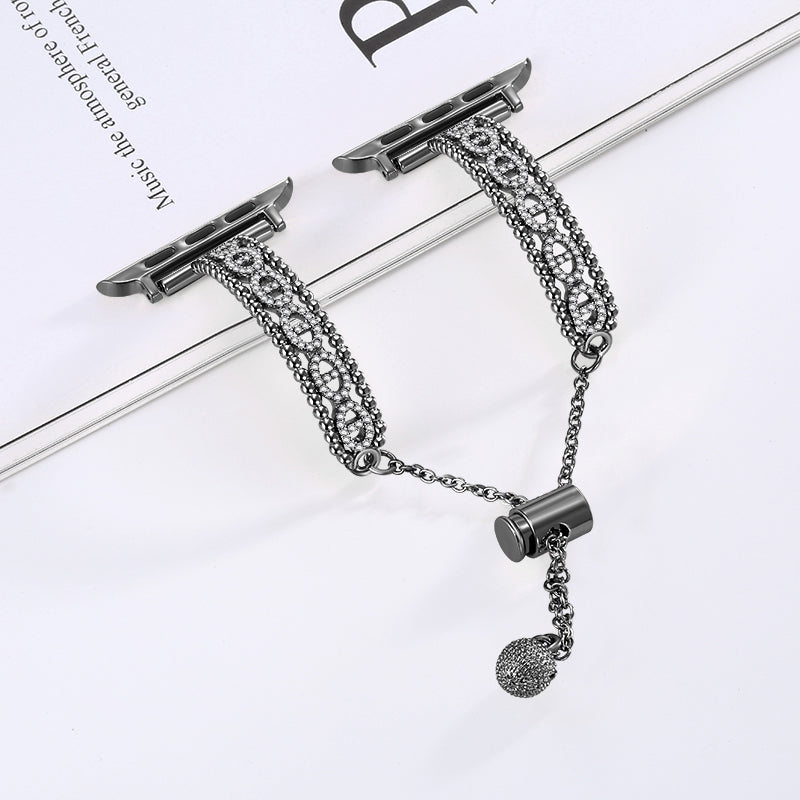 For Apple Watch Series 9 8 7 41mm / 6 5 4 SE (2022) SE (2023) SE 40mm / 3 2 1 38mm Rhinestone Copper Bracelet Strap - Black For Apple Watch Series 9 8 7 41mm / 6 5 4 SE (2022) SE (2023) SE 40mm / 3 2 1 38mm Rhinestone Copper Bracelet Strap - Black
